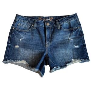 Seven7 Medium Wash Cut Off Mid Rise Distressed Cut Off Denim Shorts 10